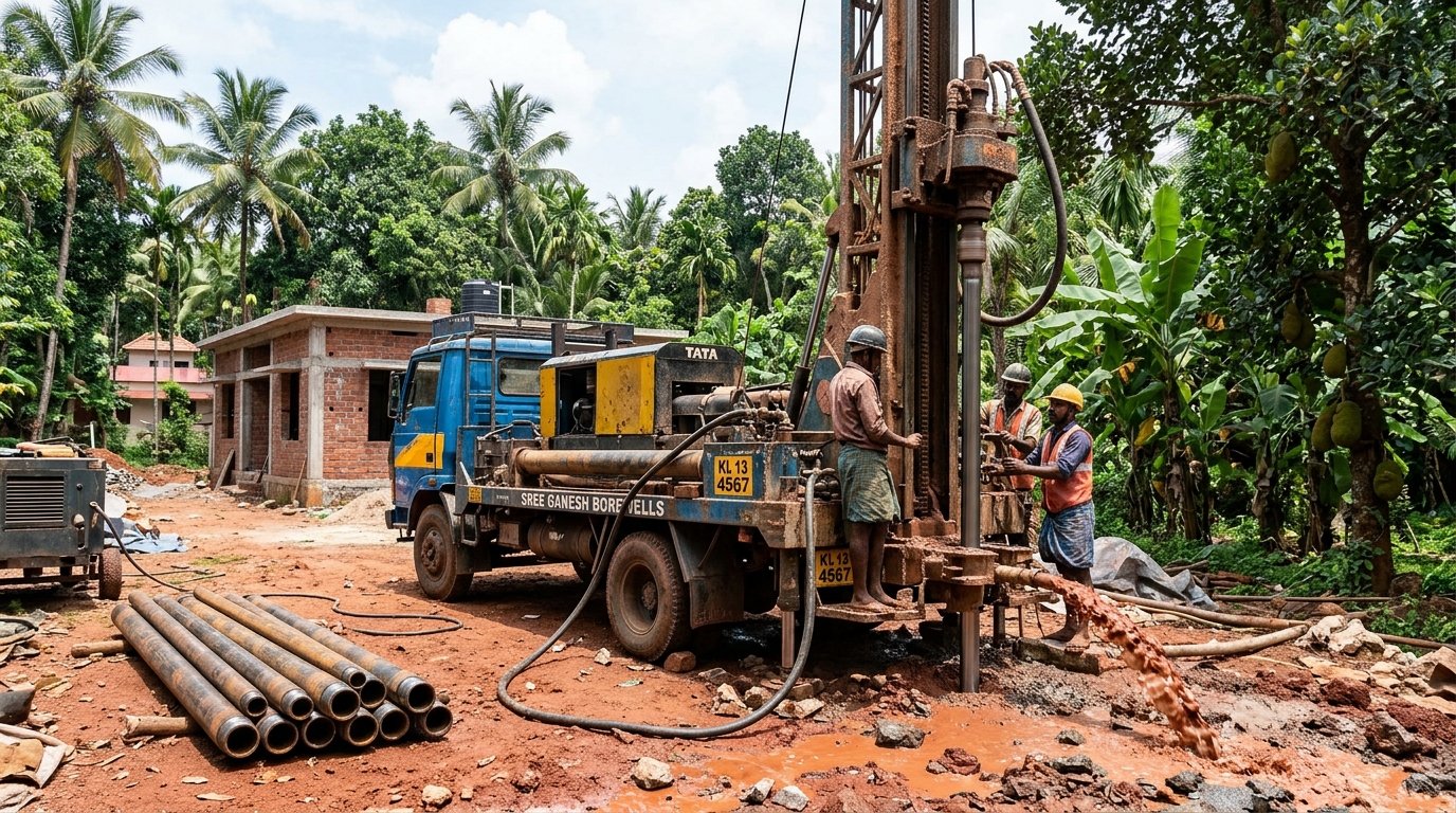 Heavy Hydraulic Borewell Drilling Rig Machine on Site in Thiruvananthapuram - Akash Water Solutions